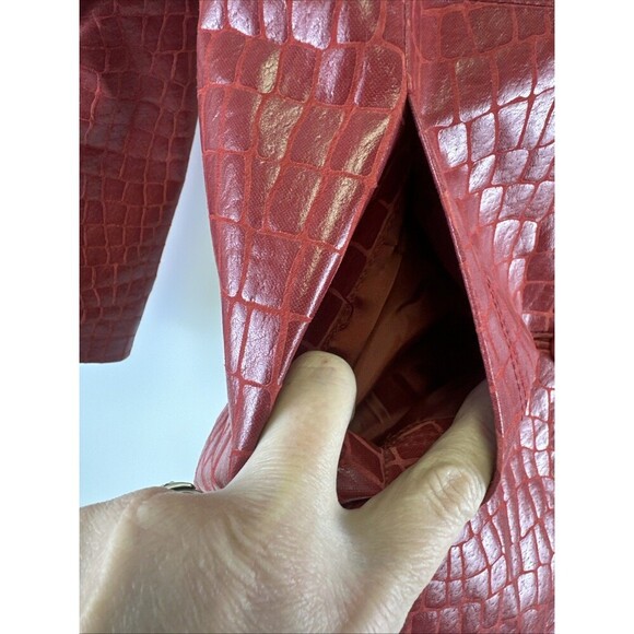 Dialogue Embossed Croc Red Leather Jacket Button Collared V-Neck Womens Medium - Picture 4 of 13